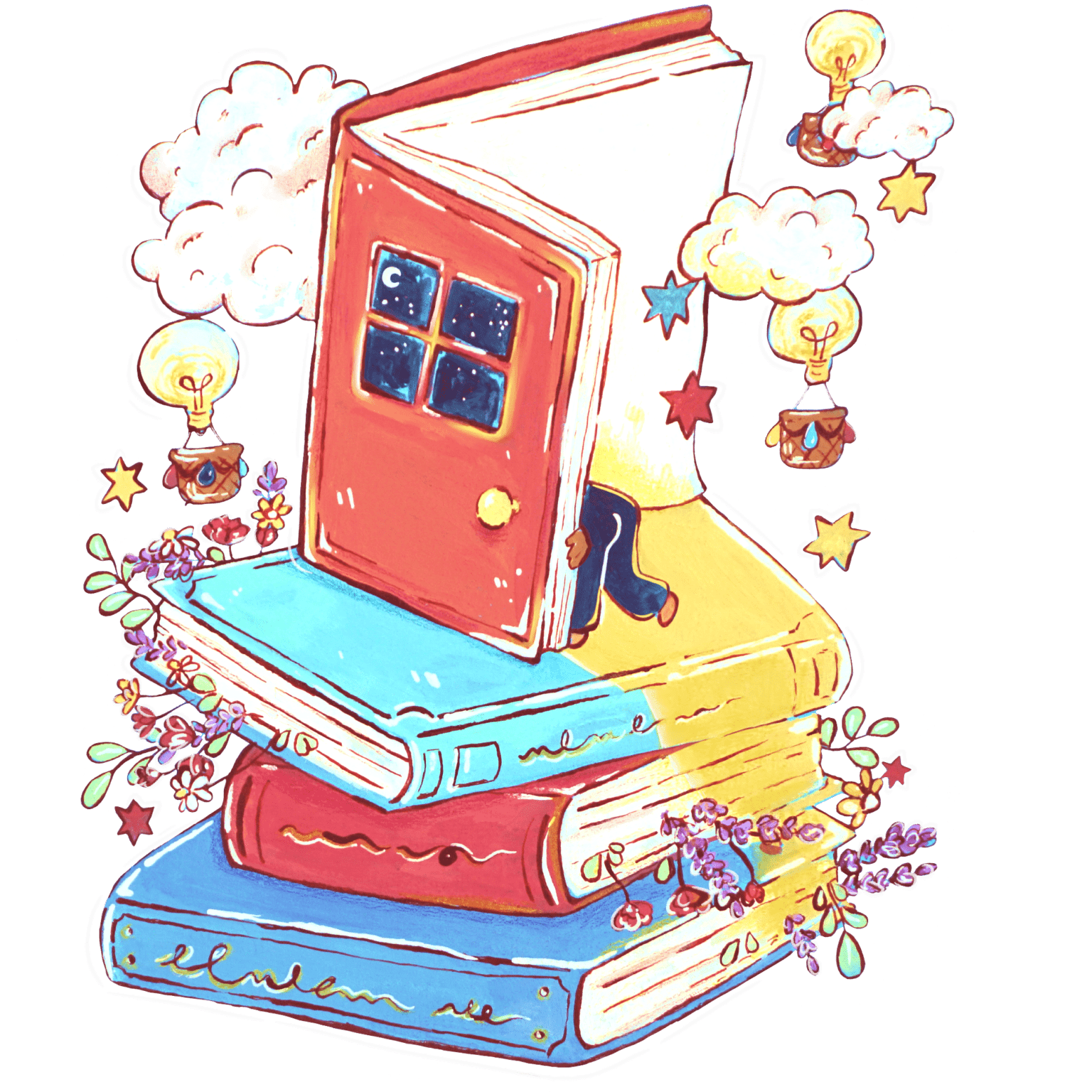 illustration of a person climbing into a book